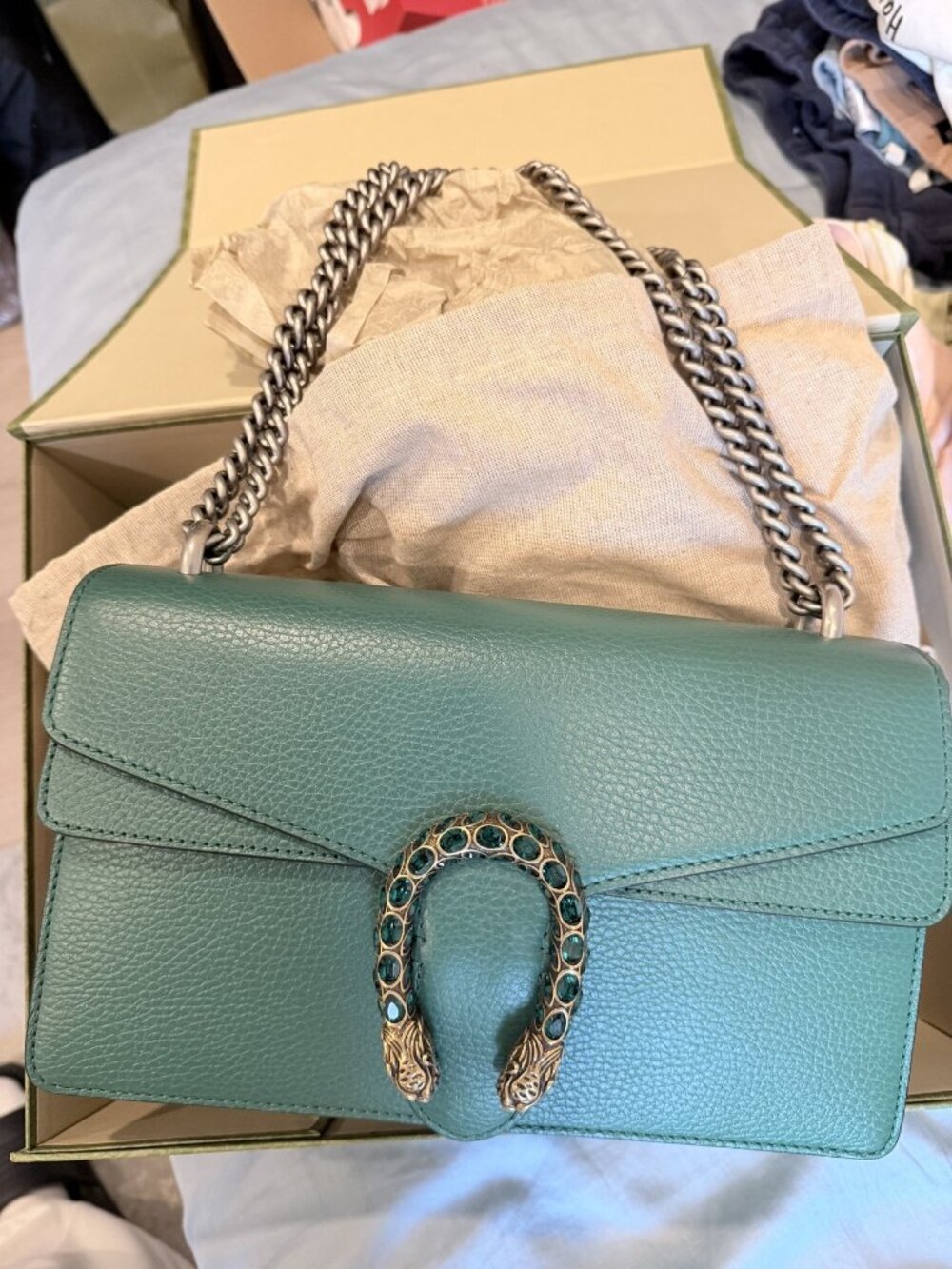 Gucci Dionysus Small Shoulder Bag Green Leather Crystal Tiger Head